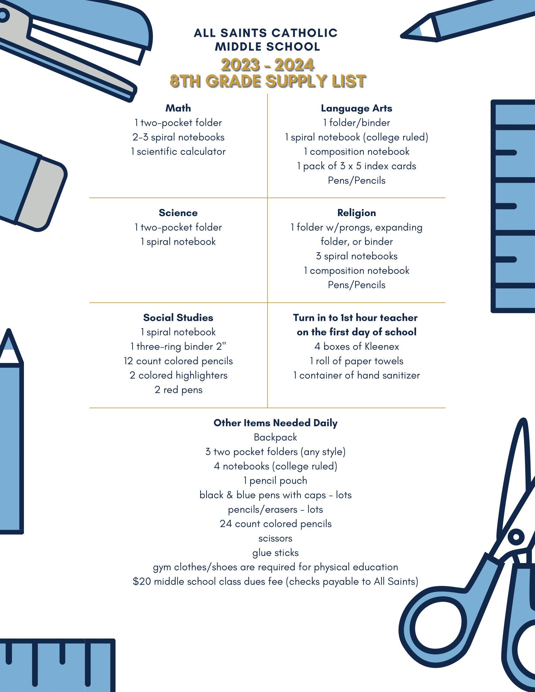 Middle School Supply Lists for 20232024 School Year All Saints Catholic